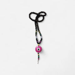 Mala 81 grani Legno, agata verde e fucsia, quarzo rosa e occhio di tigre